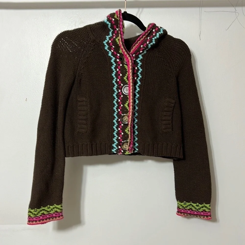 Gap Kids Brown Knit Cardigan Sweater Hooded Boho Trim Size M 8